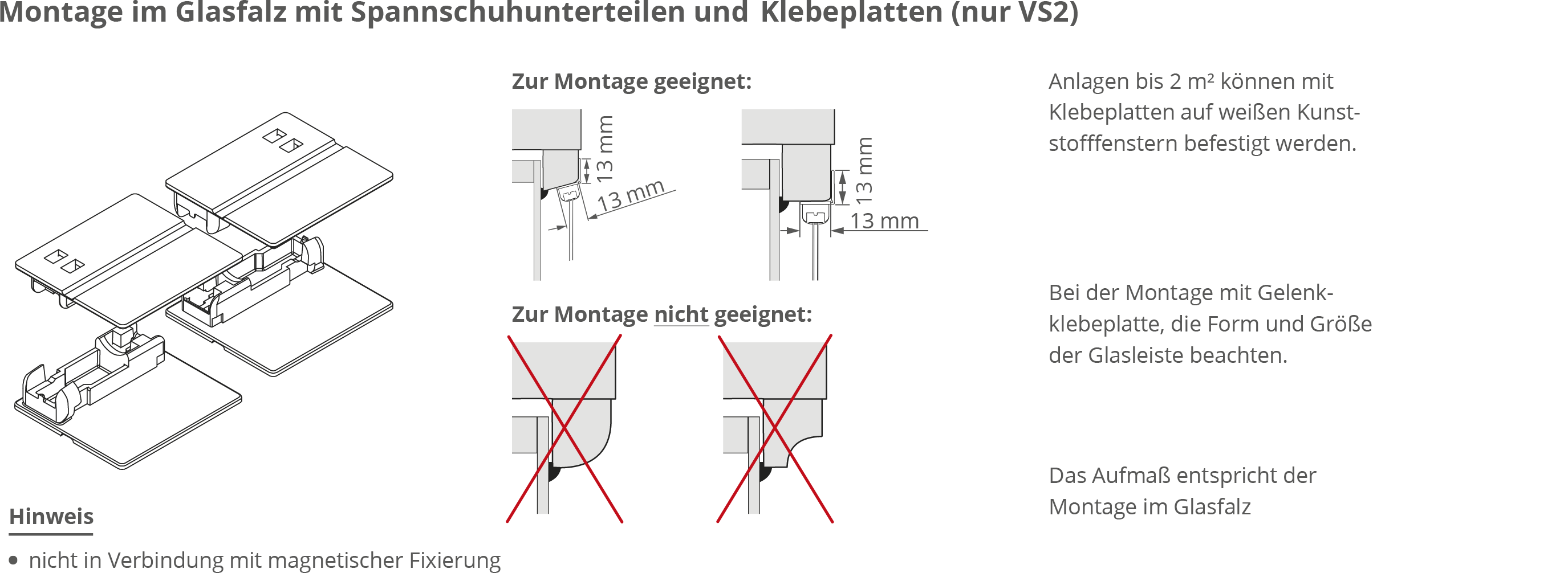 im Glasfalz mit Spannschuhunterteilen und Klebeplatten